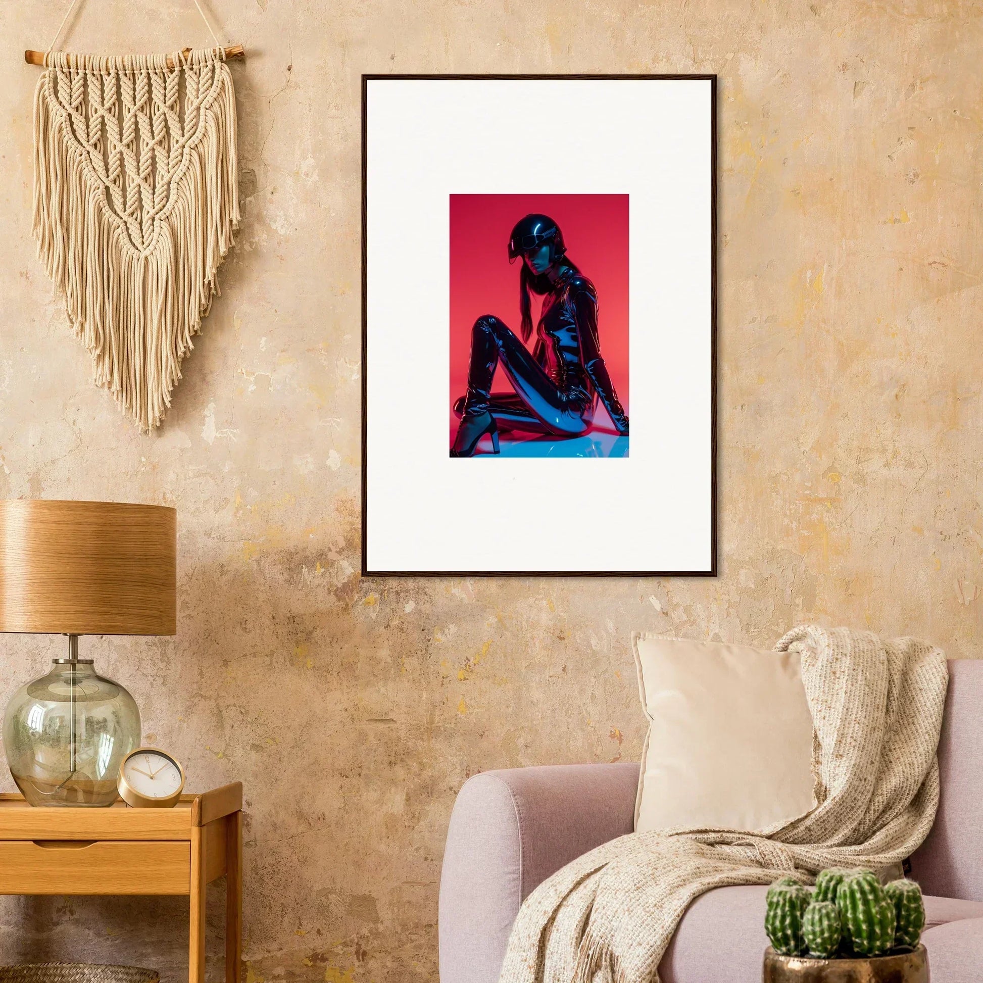 Framed wall art of a silhouetted figure on vibrant red, perfect noir mirage room decor