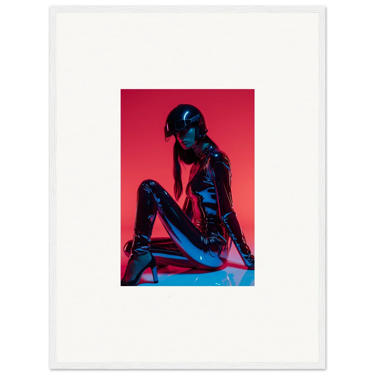 Stylized figure in a reflective bodysuit for Noir Mirage framed wall art decor