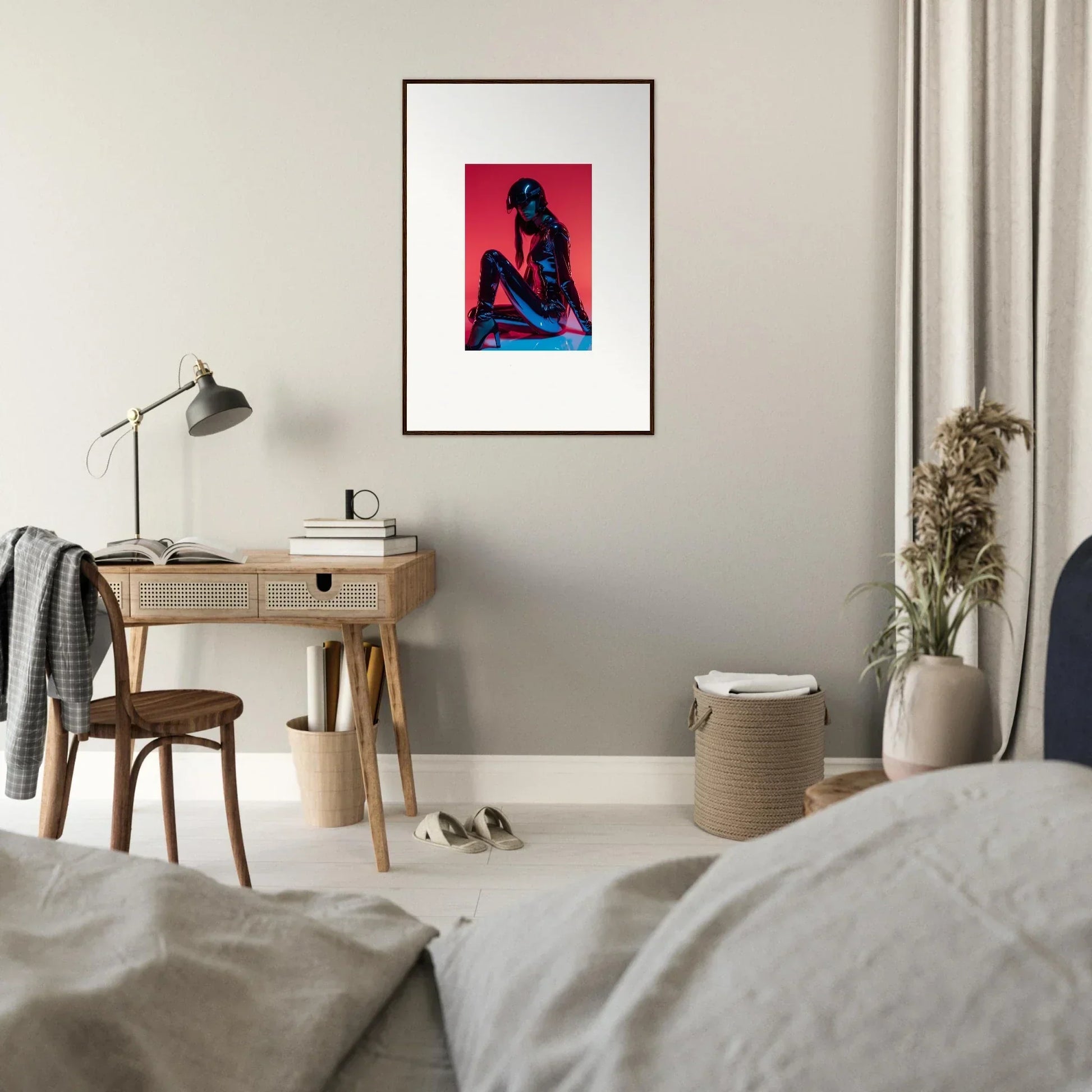 Framed wall art of a person in front of a vibrant red background for room decor