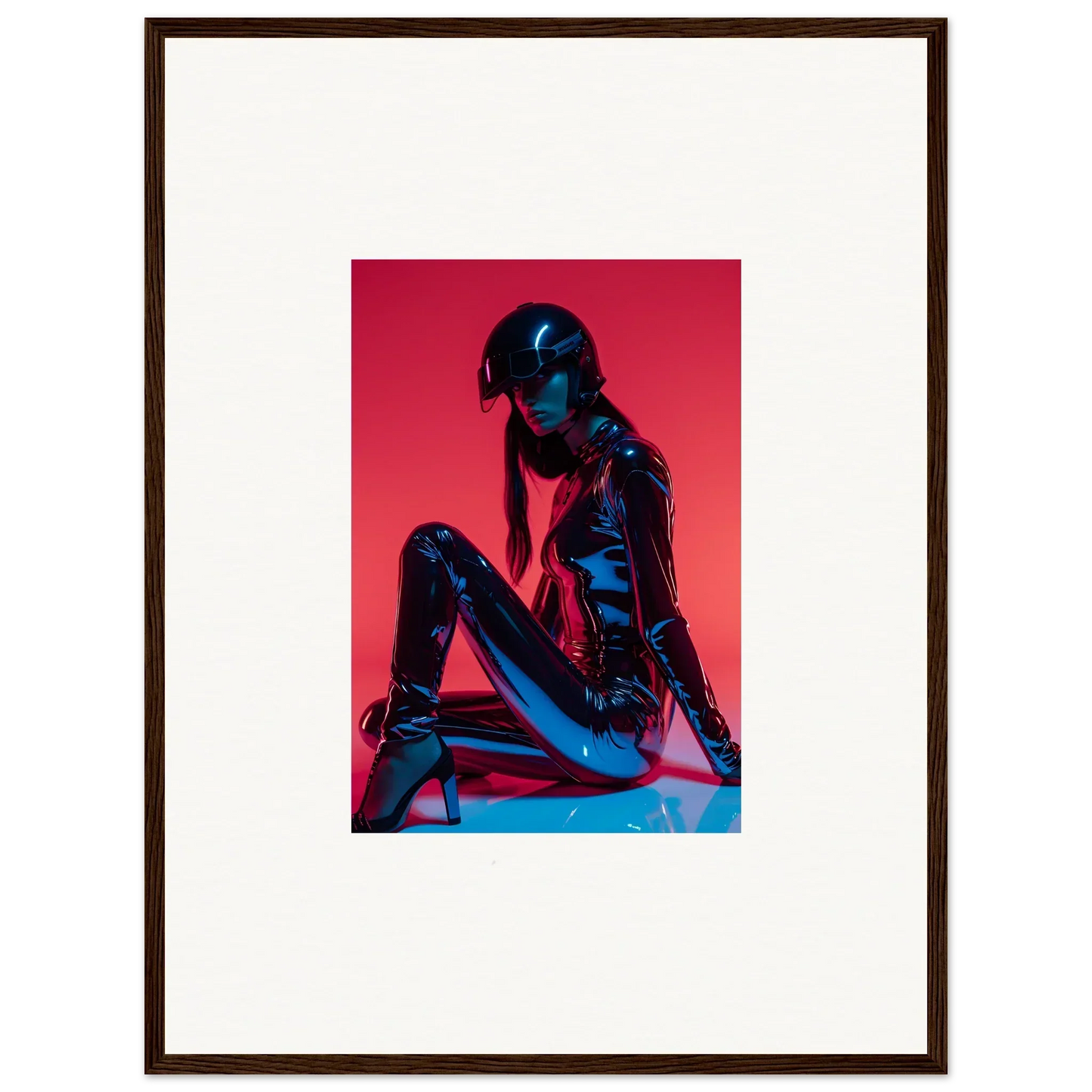 Framed wall art of a person in shiny black outfit on red, perfect for noir mirage room decor