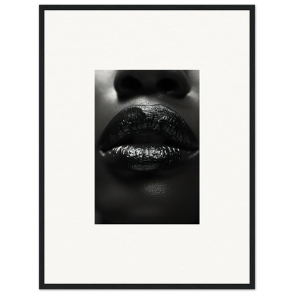 Close-up black and white glossy lips for a chic Neon Nomad Kisses canvas print