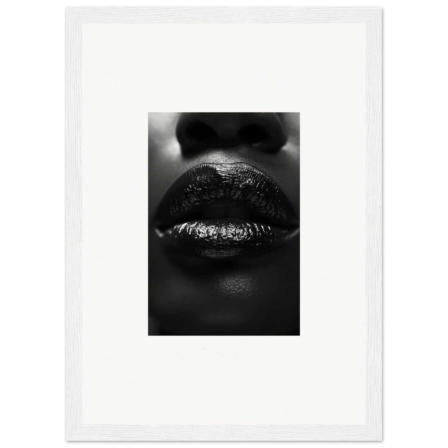 Close-up black and white photo of glossy lips perfect for Nomad Kisses canvas print