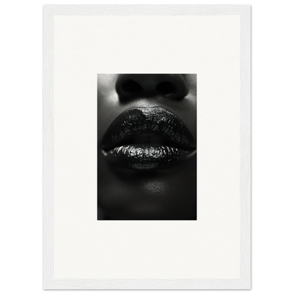 Close-up black and white photo of glossy lips perfect for Nomad Kisses canvas print