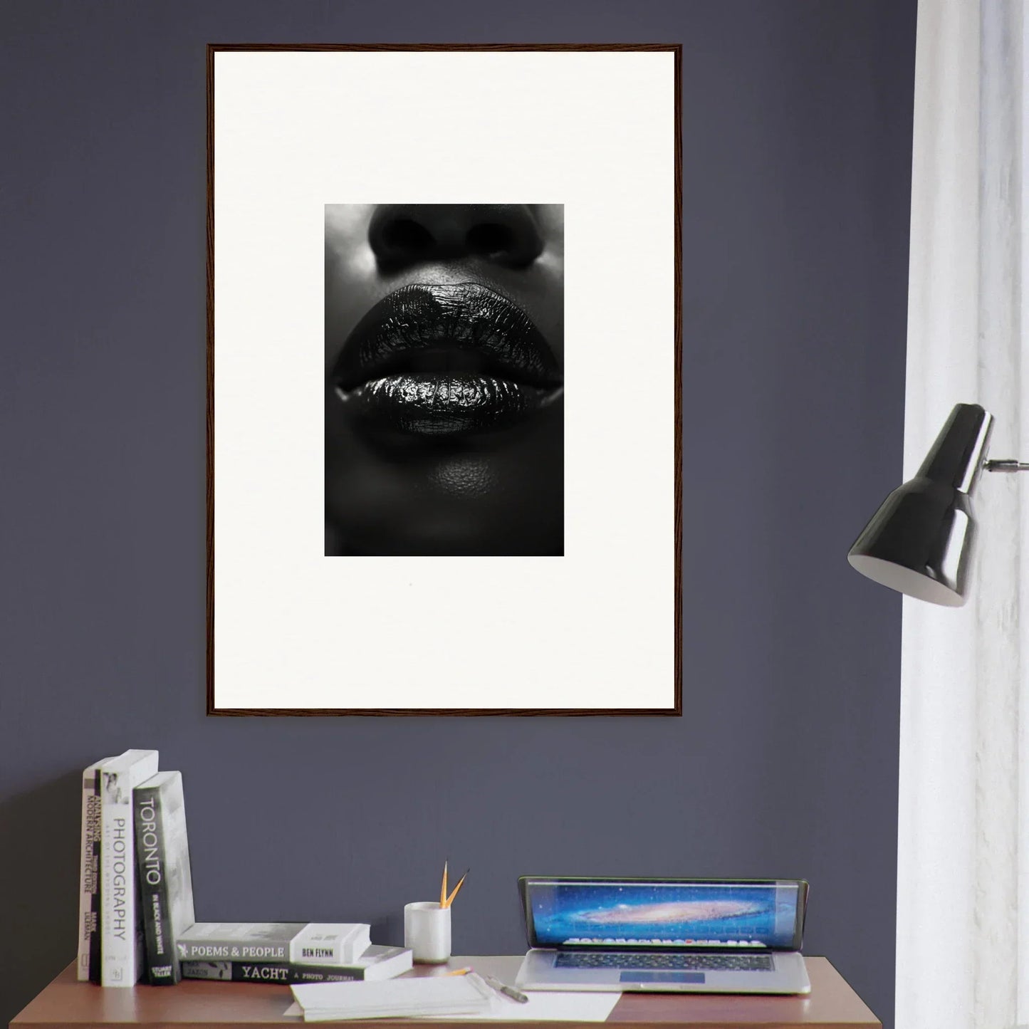 Framed black and white canvas print of glittery lips for cool room decoration