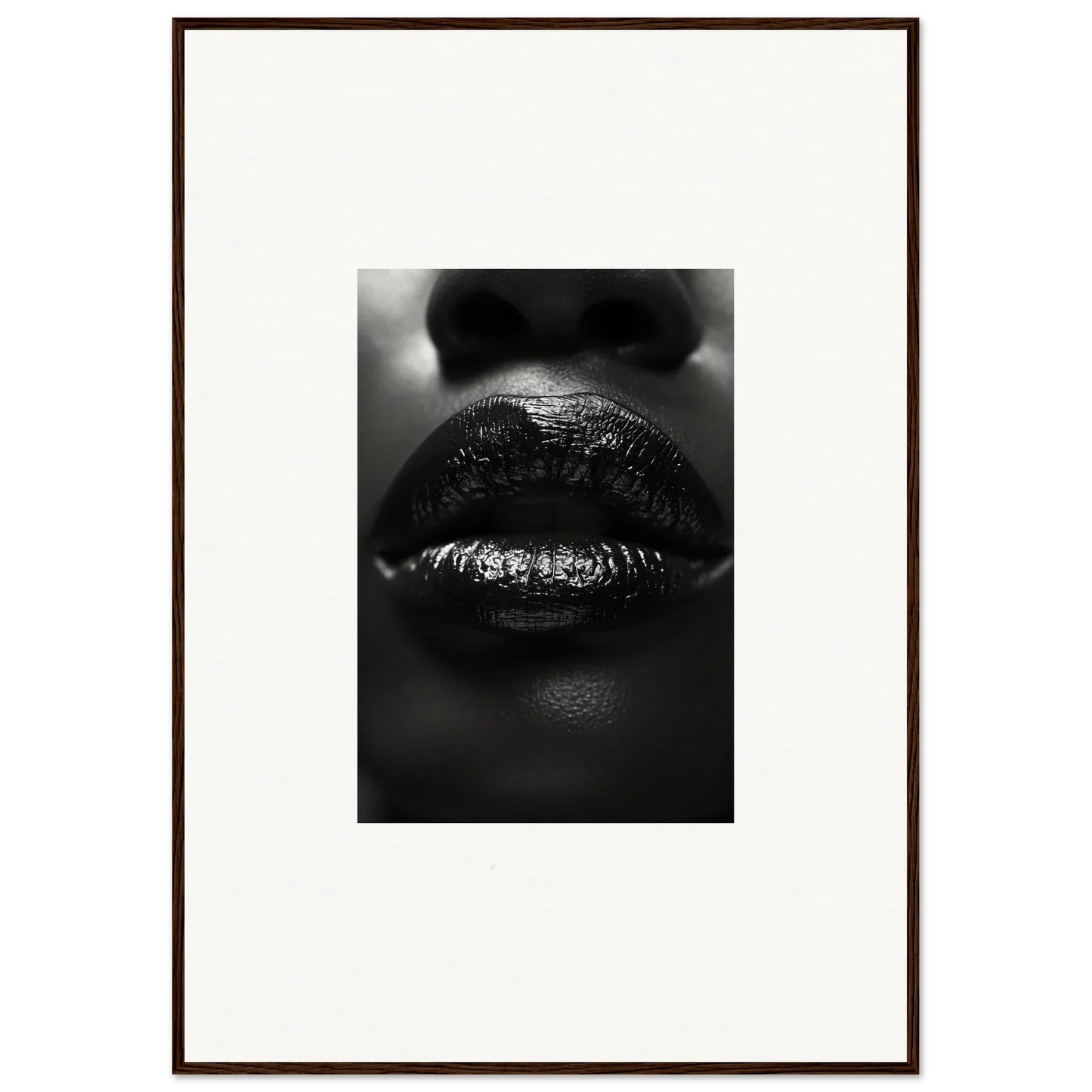 Close-up black and white glossy lips from Neon Nomad Kisses canvas print for room decoration