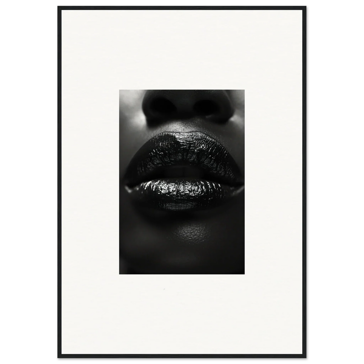 Close-up black and white photo of glossy lips for nomad kisses canvas print decor