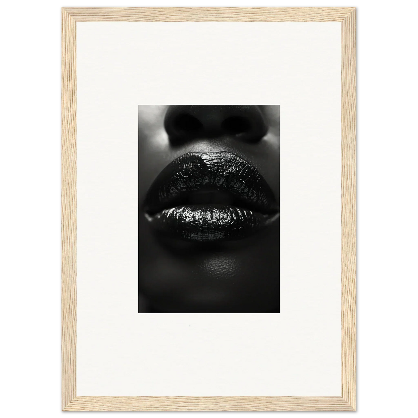 Close-up black and white glossy lips for a chic Nomad Kisses canvas print decor