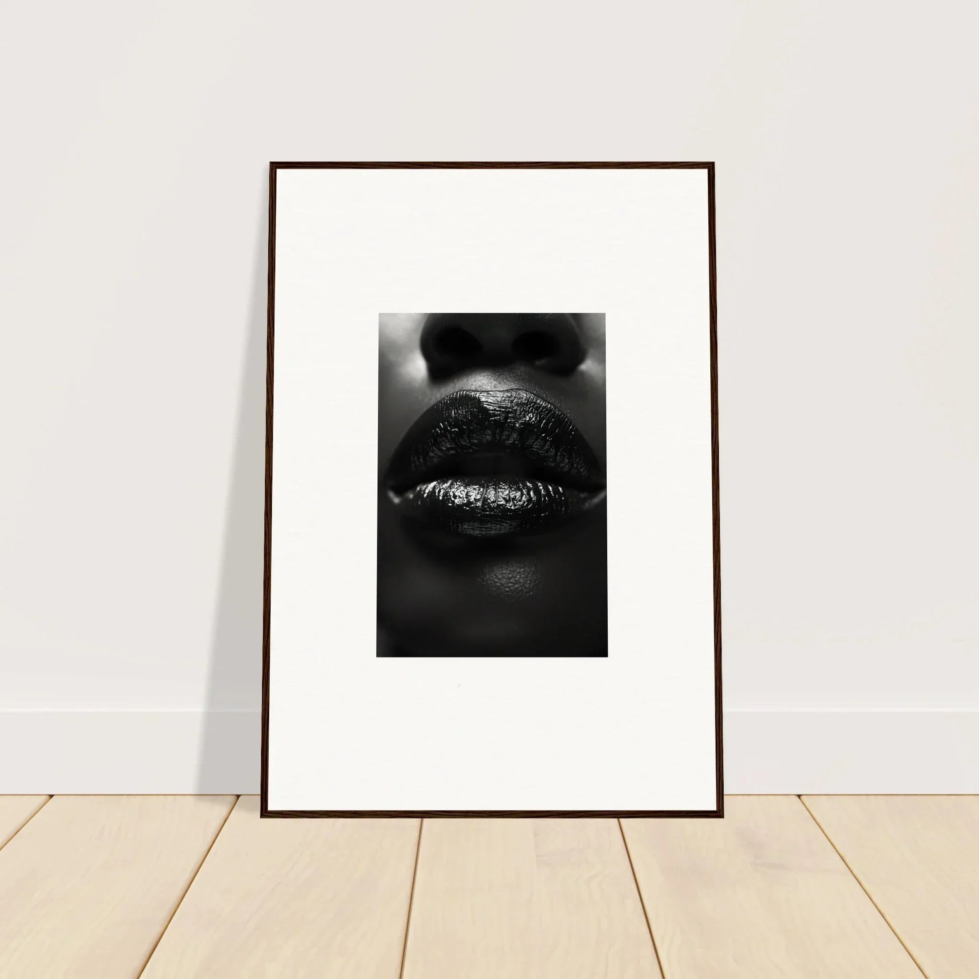 Framed black-and-white canvas print of metallic lips for stylish room decoration