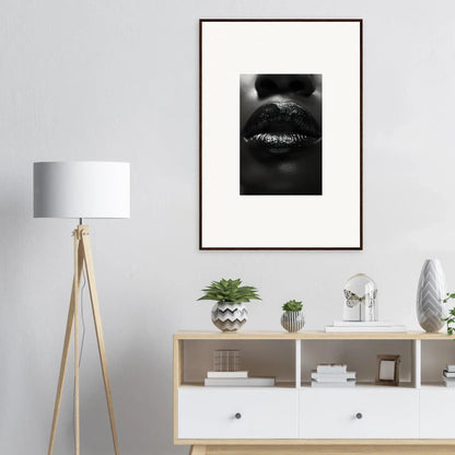 Framed black and white canvas print of lips with glitter for chic room decoration