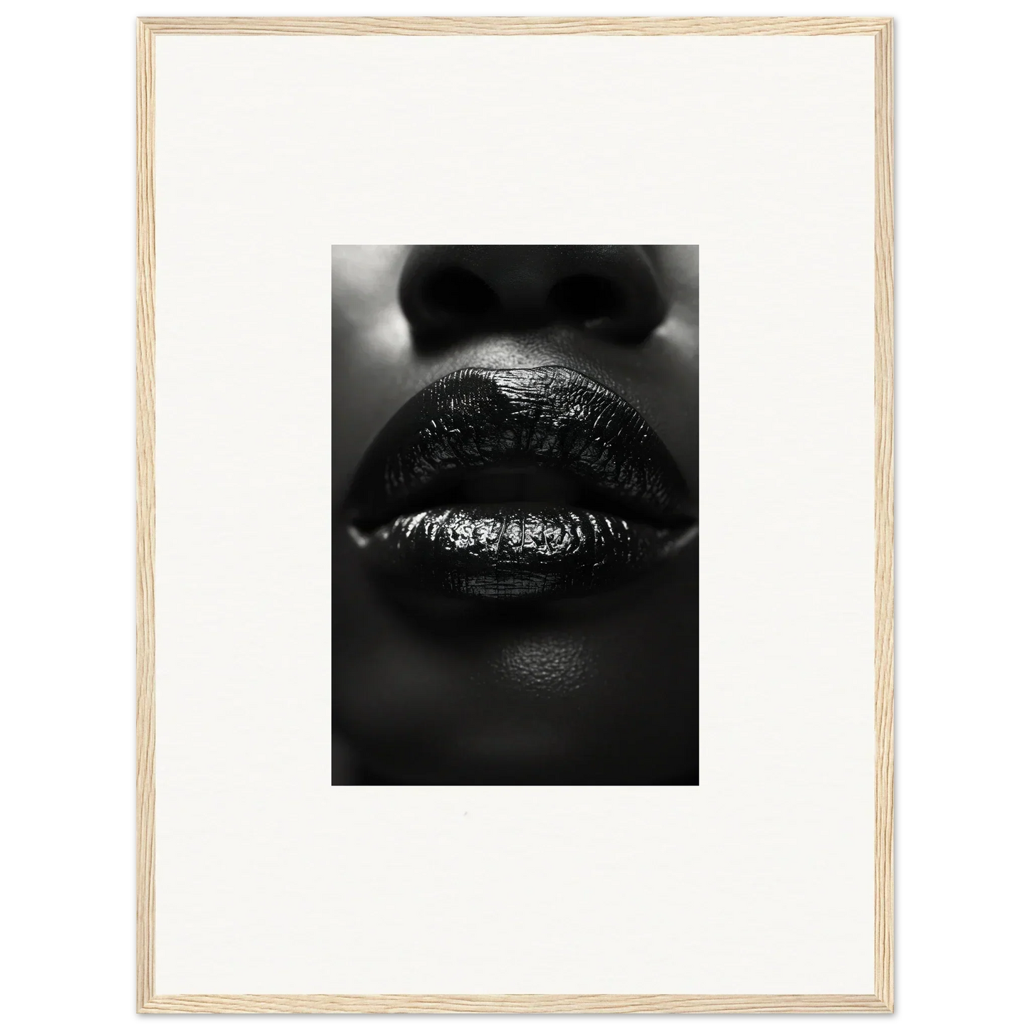 Close-up black and white glossy lips for a bold Nomad Kisses canvas print decor