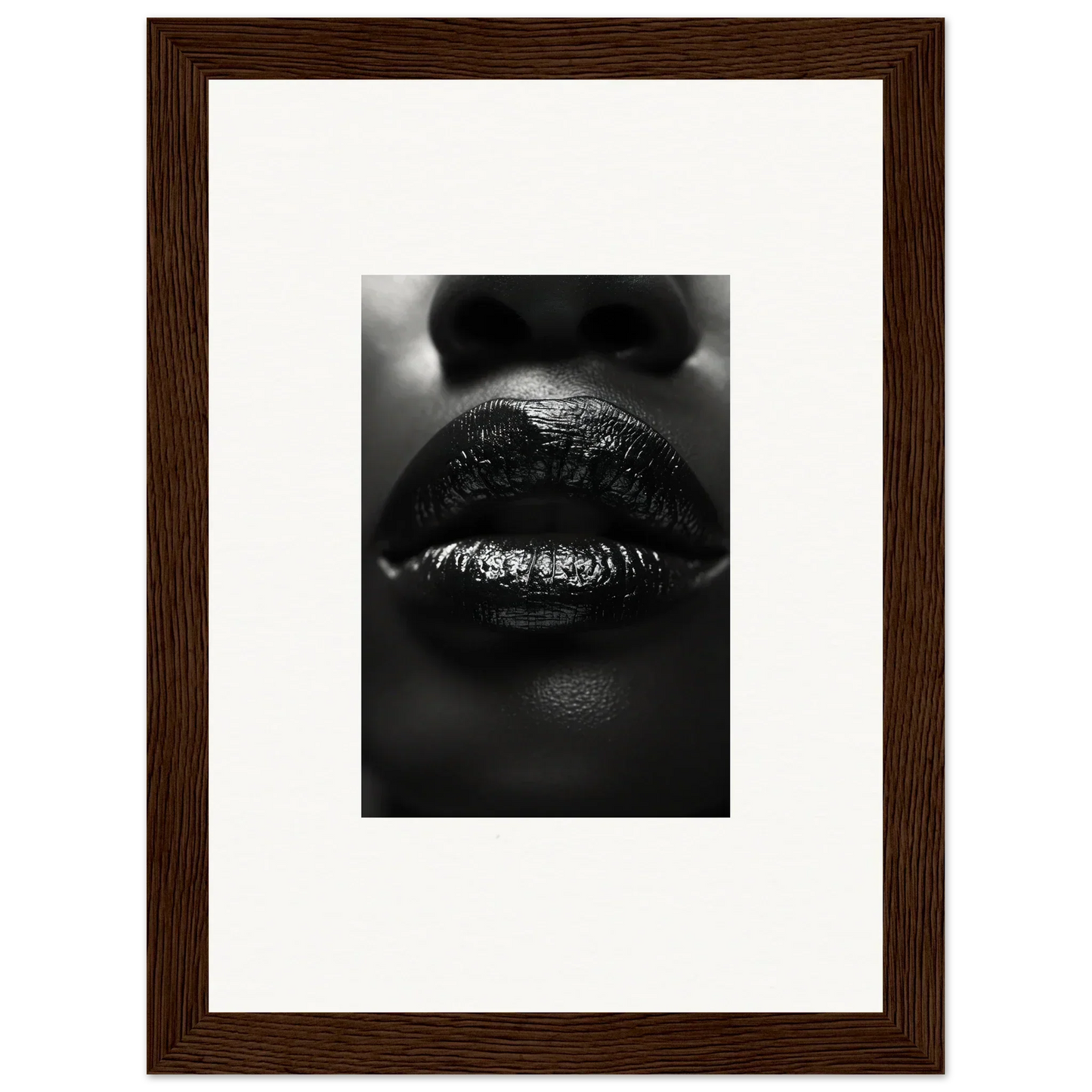 Close-up black and white glossy lips canvas print for room decoration and Nomad Kisses vibe