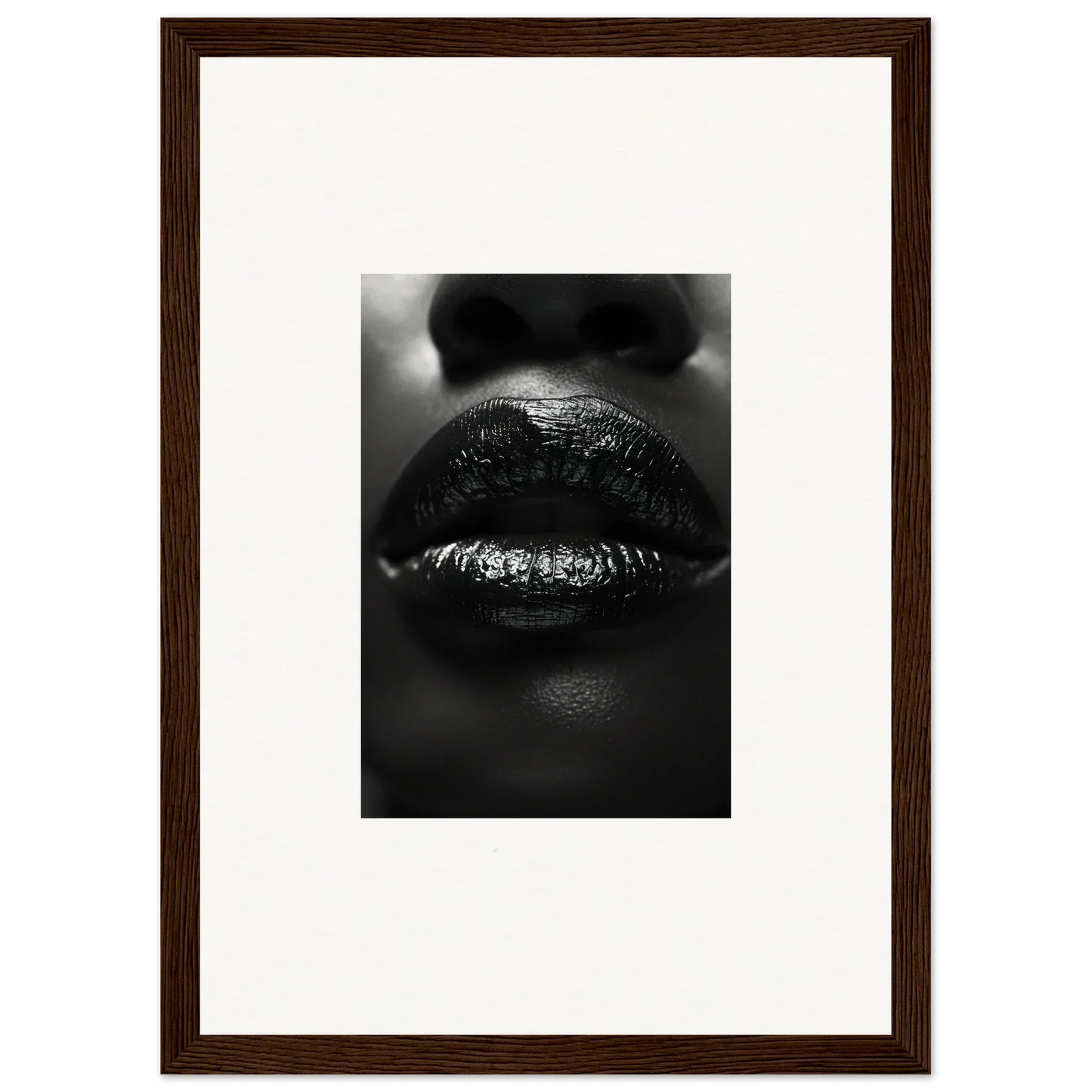 Close-up black and white photo of glossy lips for Neon Nomad Kisses canvas print