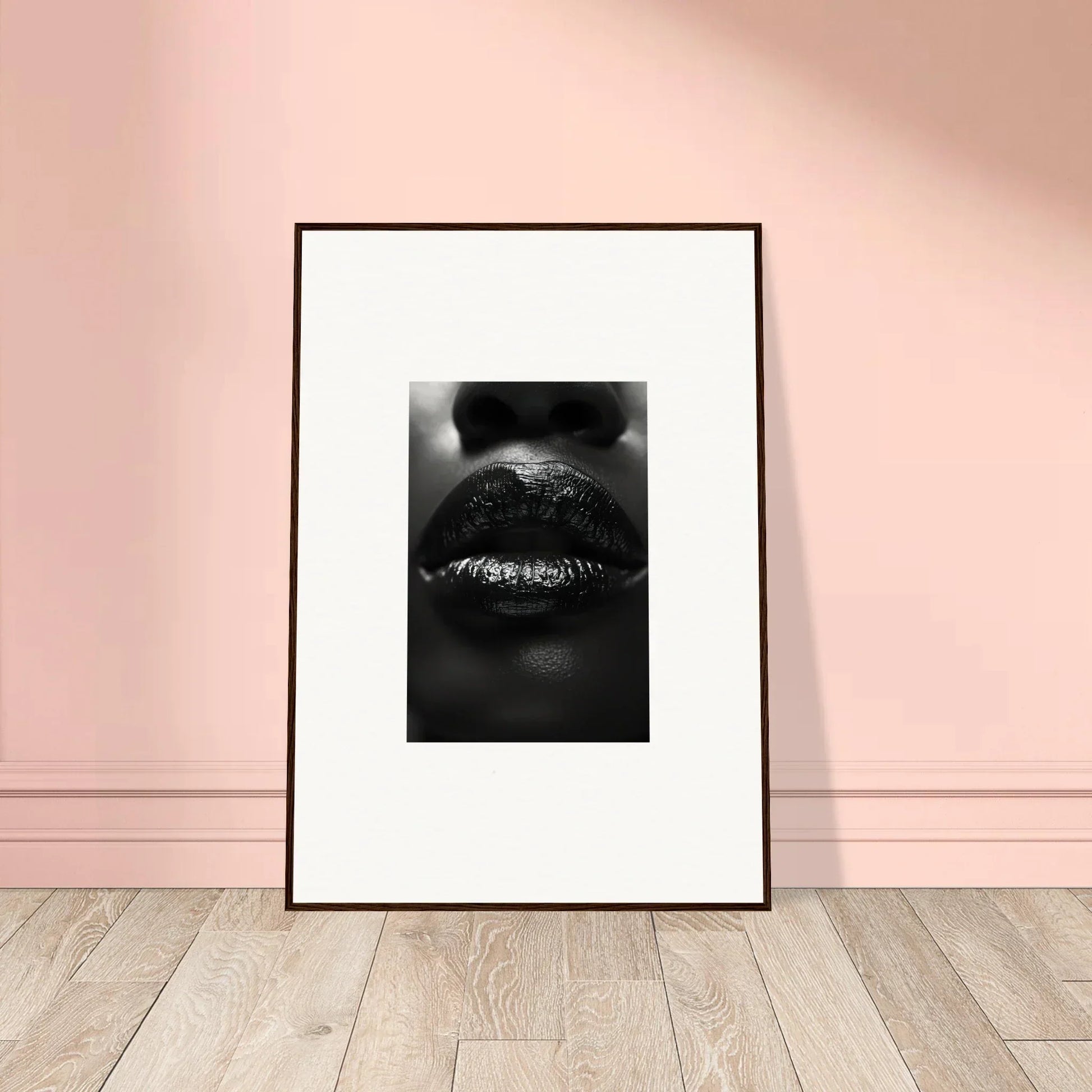 Framed black-and-white canvas print of Glossy Lips for stylish room decoration with Nomad Kisses