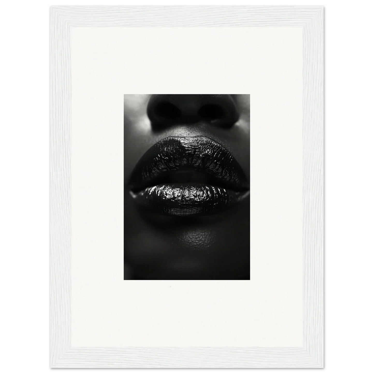 Close-up black and white photo of glossy lips, perfect for Nomad Kisses canvas print