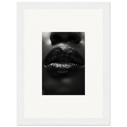 Close-up black and white photo of glossy lips, perfect for Nomad Kisses canvas print