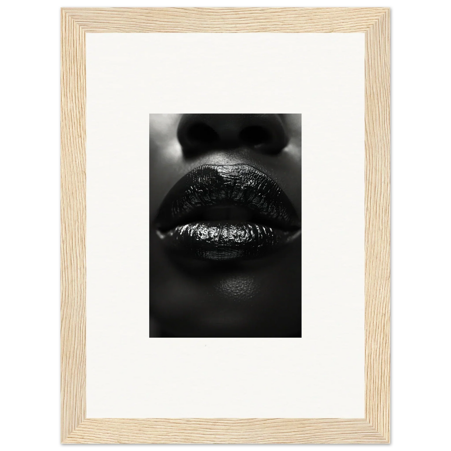 Close-up black and white glossy lips artwork from Neon Nomad Kisses canvas print