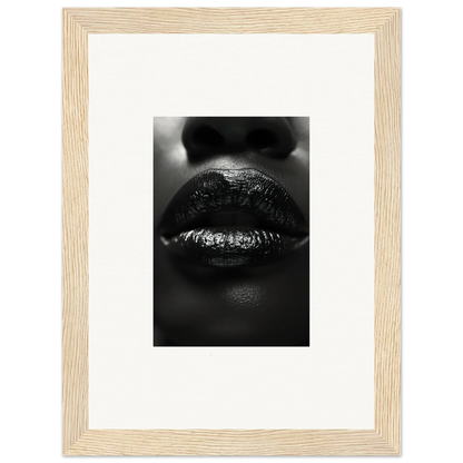 Close-up black and white glossy lips artwork from Neon Nomad Kisses canvas print