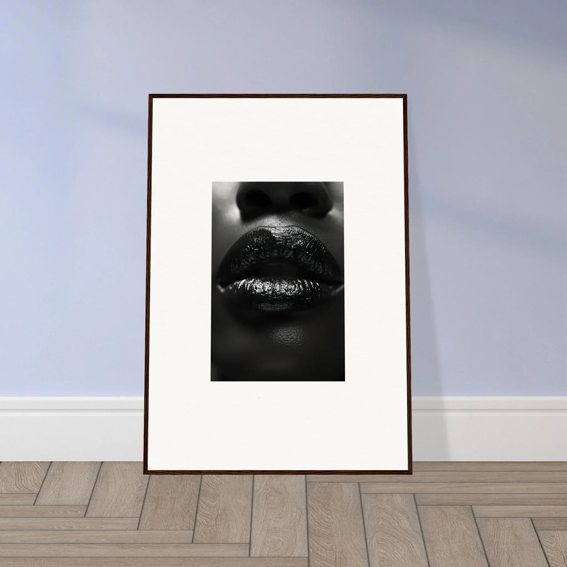 Framed black and white print of glossy lips for cool room decoration with Nomad Kisses vibe