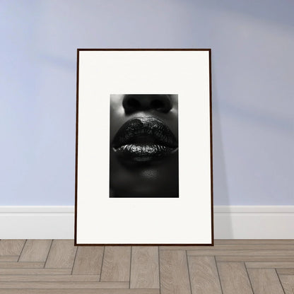 Framed black and white print of glossy lips for cool room decoration with Nomad Kisses vibe