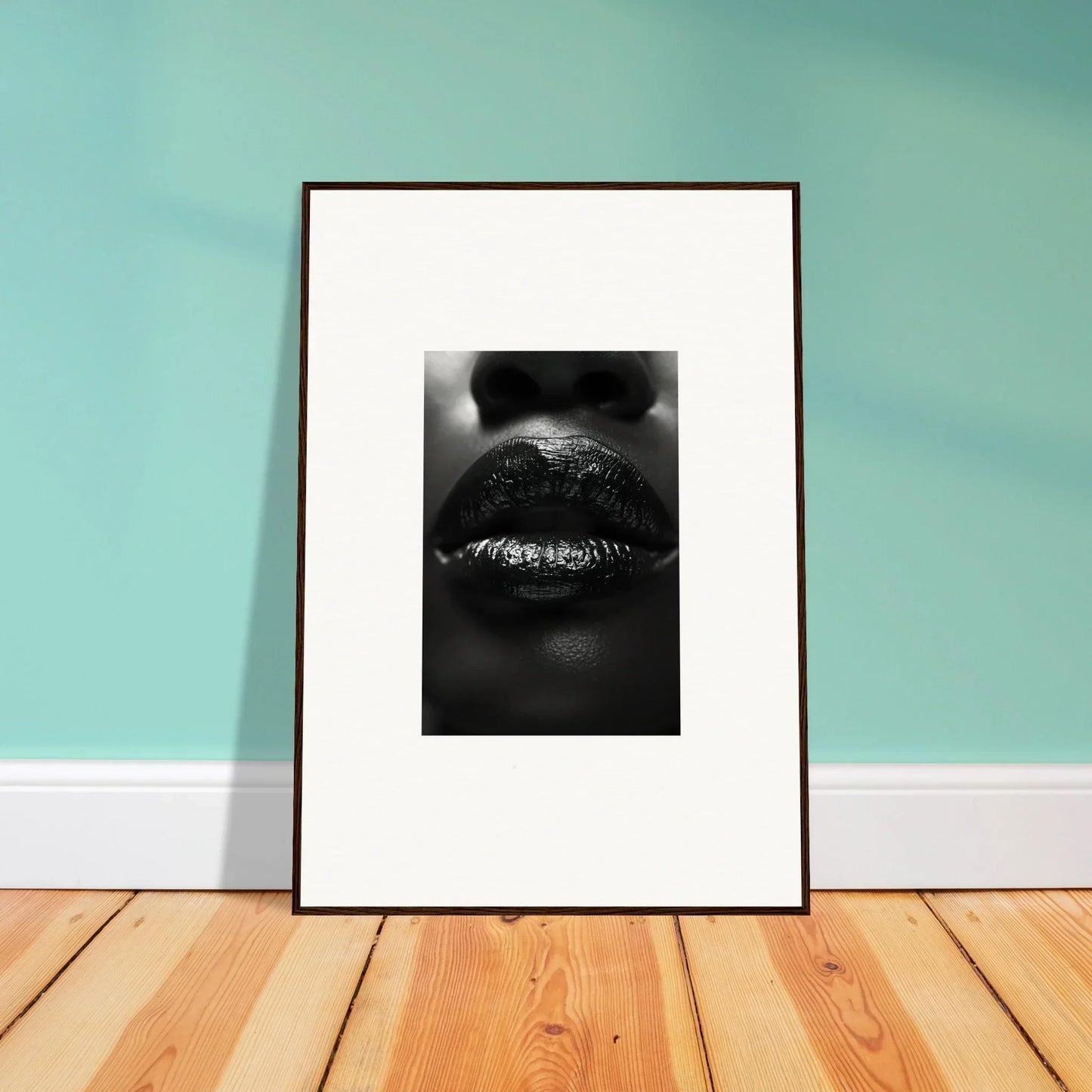 Framed black and white canvas print of metallic lips for cool room decoration with Nomad Kisses