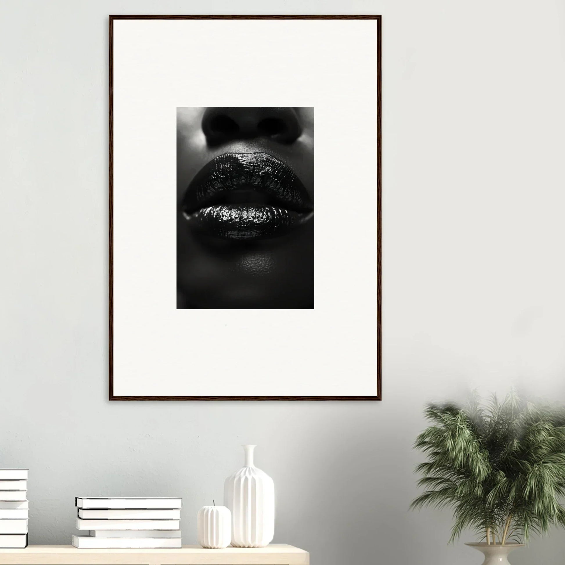 Black and white glossy lips close-up canvas print for chic room decoration, Nomad Kisses style