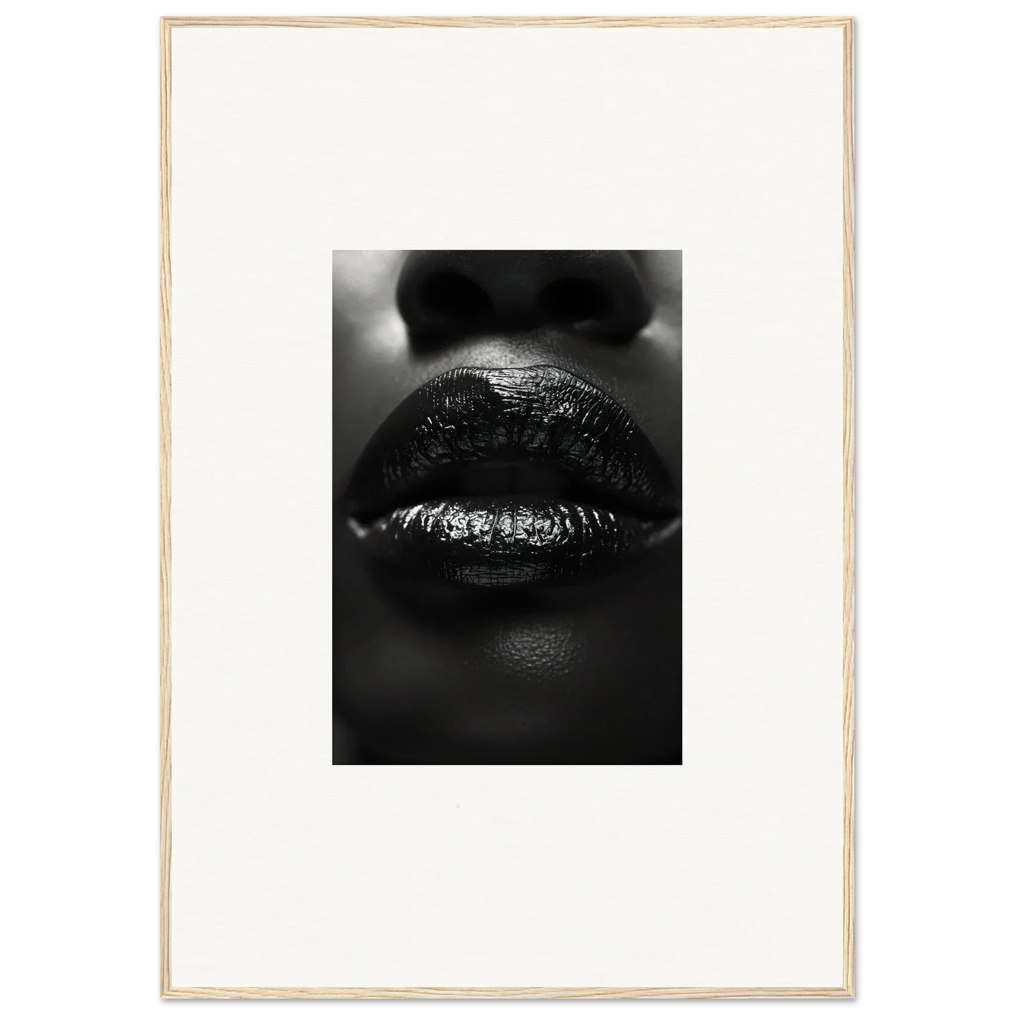 Close-up black and white glossy lips art for cool room decoration, Neon Nomad Kisses canvas print