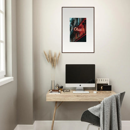 Minimalist wooden desk with computer and accessories for Parisian Reverie room decor