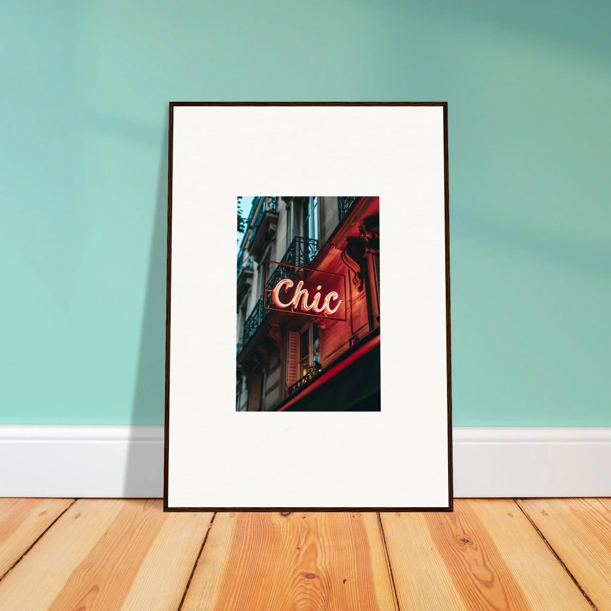 Framed wall art of neon Chic sign, perfect for Parisian Reverie room decor