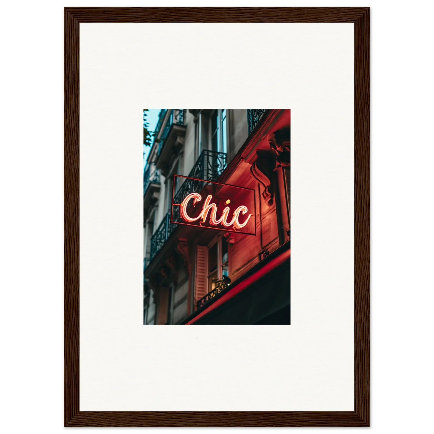 Illuminated neon sign reading Chic on red building, perfect for Parisian Reverie room decor