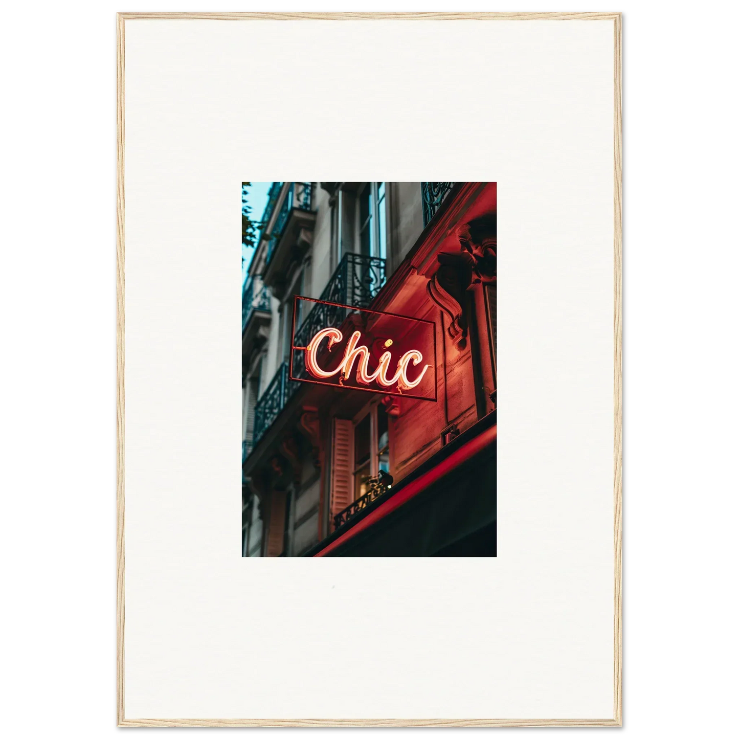 Neon sign reading Chic on red building facade for Parisian Reverie room decor