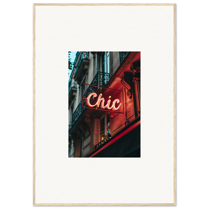 Neon sign reading Chic on red building facade for Parisian Reverie room decor