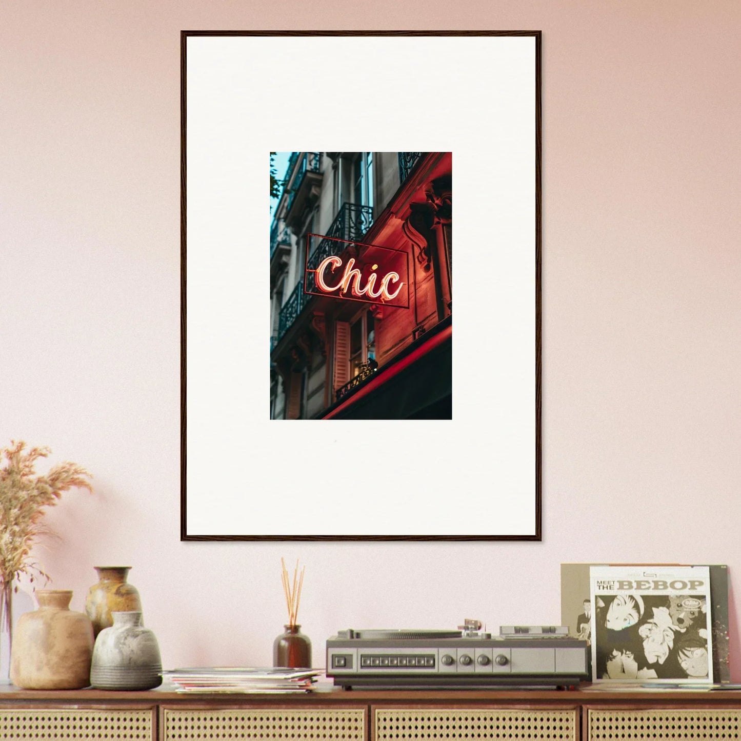 Framed wall art of a neon Chic sign, perfect for Parisian Reverie room decor