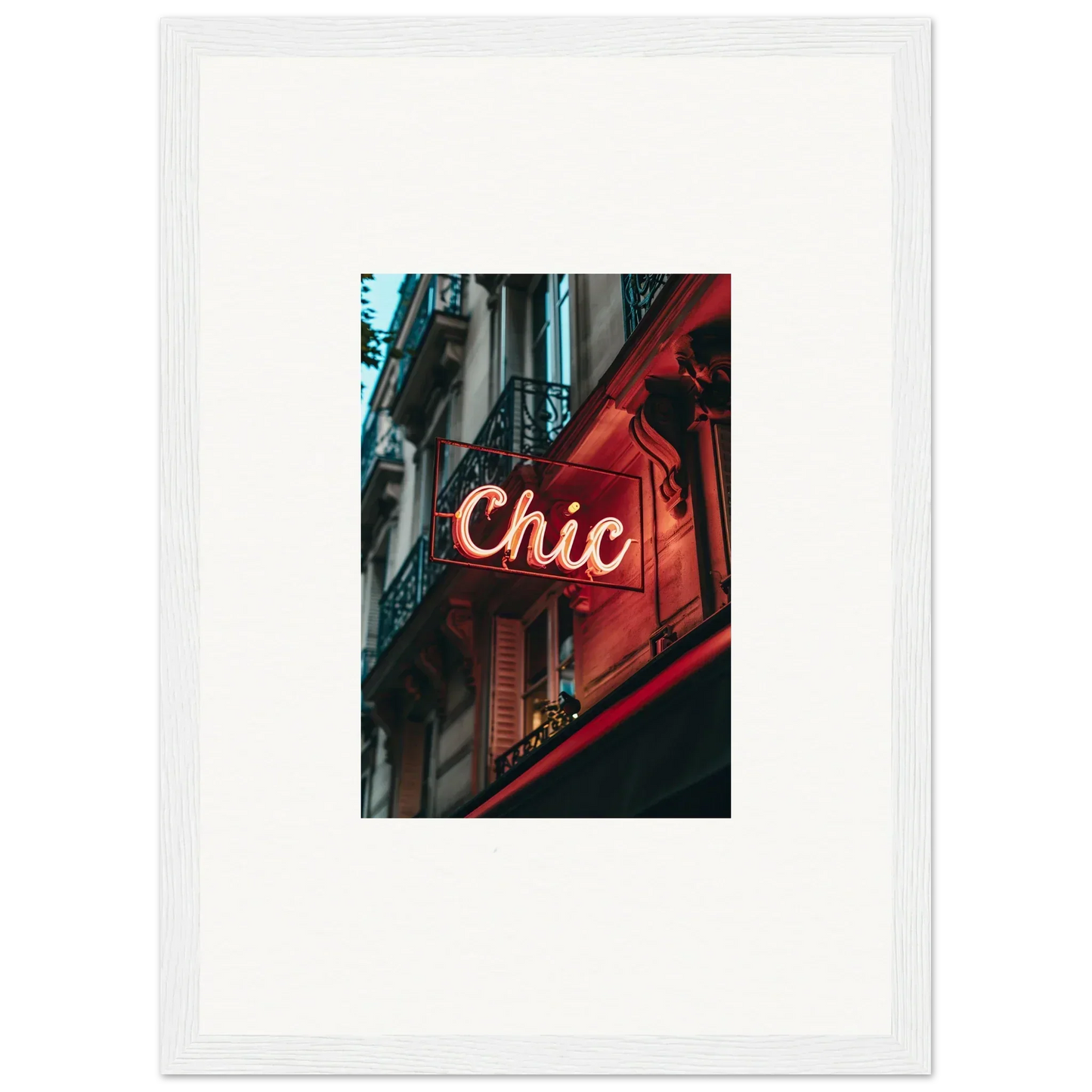 Neon Chic sign on red building, perfect for Parisian Reverie room decor or framed wall art