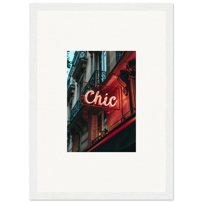 Neon Chic sign on red building, perfect for Parisian Reverie room decor or framed wall art