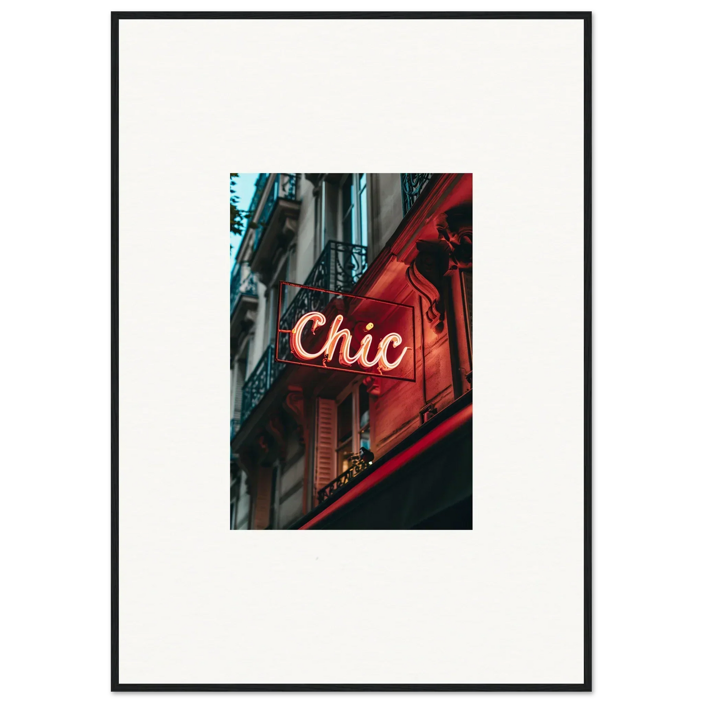 Neon Chic sign on red building facade, perfect for Parisian Reverie room decor