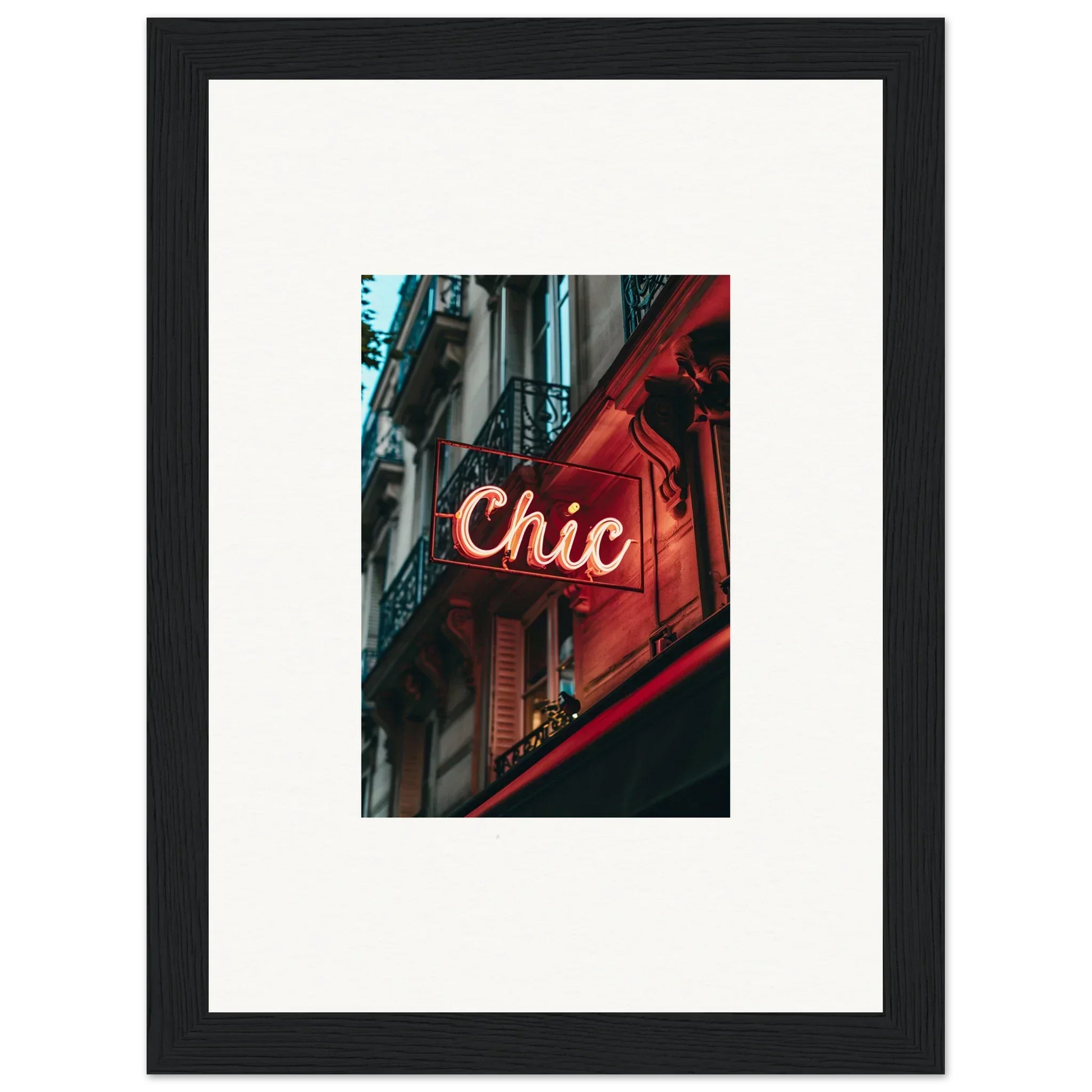 Framed wall art of a neon Chic sign, ideal for Parisian reverie room decor