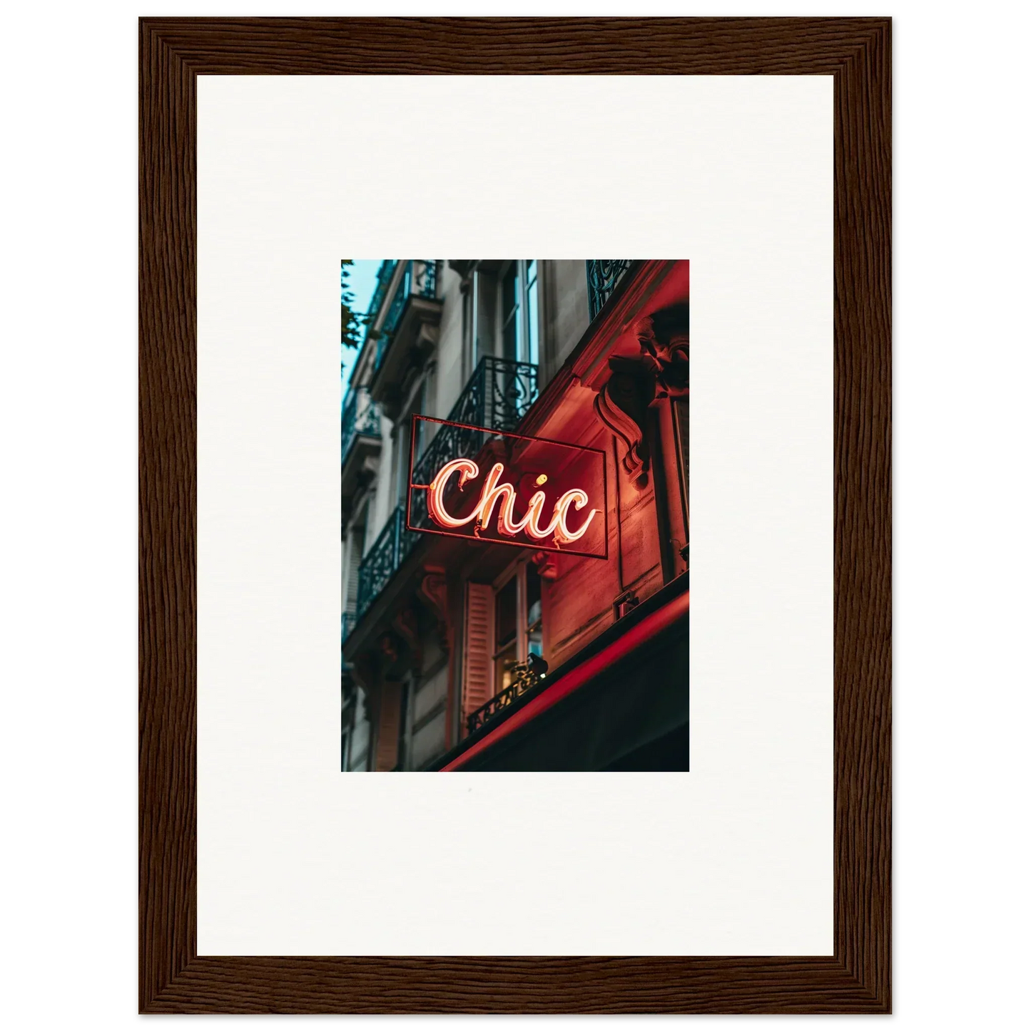 Illuminated neon sign ’Chic’ on red storefront for Parisian Reverie room decor