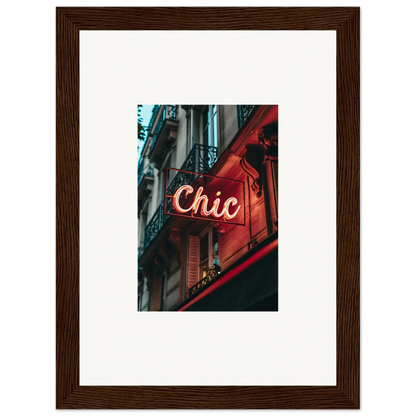 Illuminated neon sign ’Chic’ on red storefront for Parisian Reverie room decor