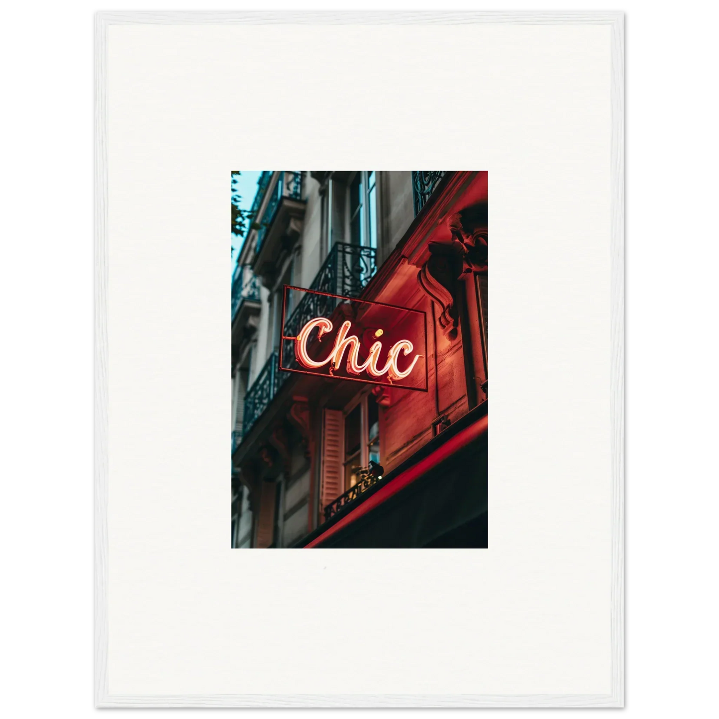 Illuminated neon sign spelling Chic in cursive, perfect for Parisian Reverie room decor