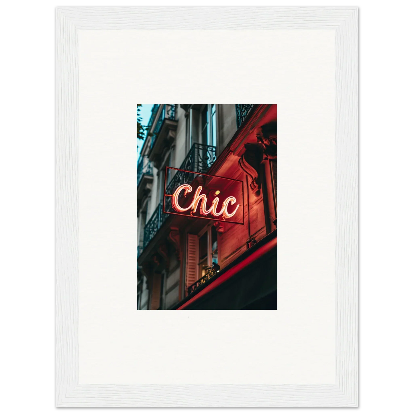 Chic neon sign on red storefront for Parisian reverie room decor framed wall art