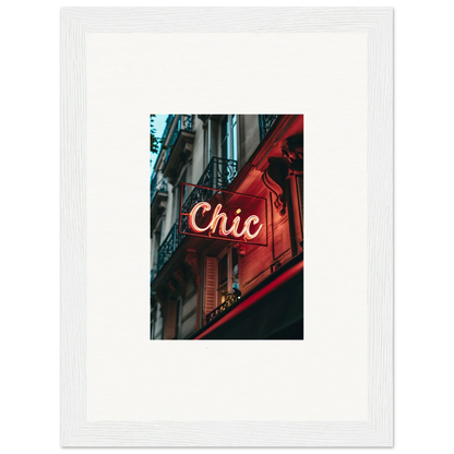 Chic neon sign on red storefront for Parisian reverie room decor framed wall art