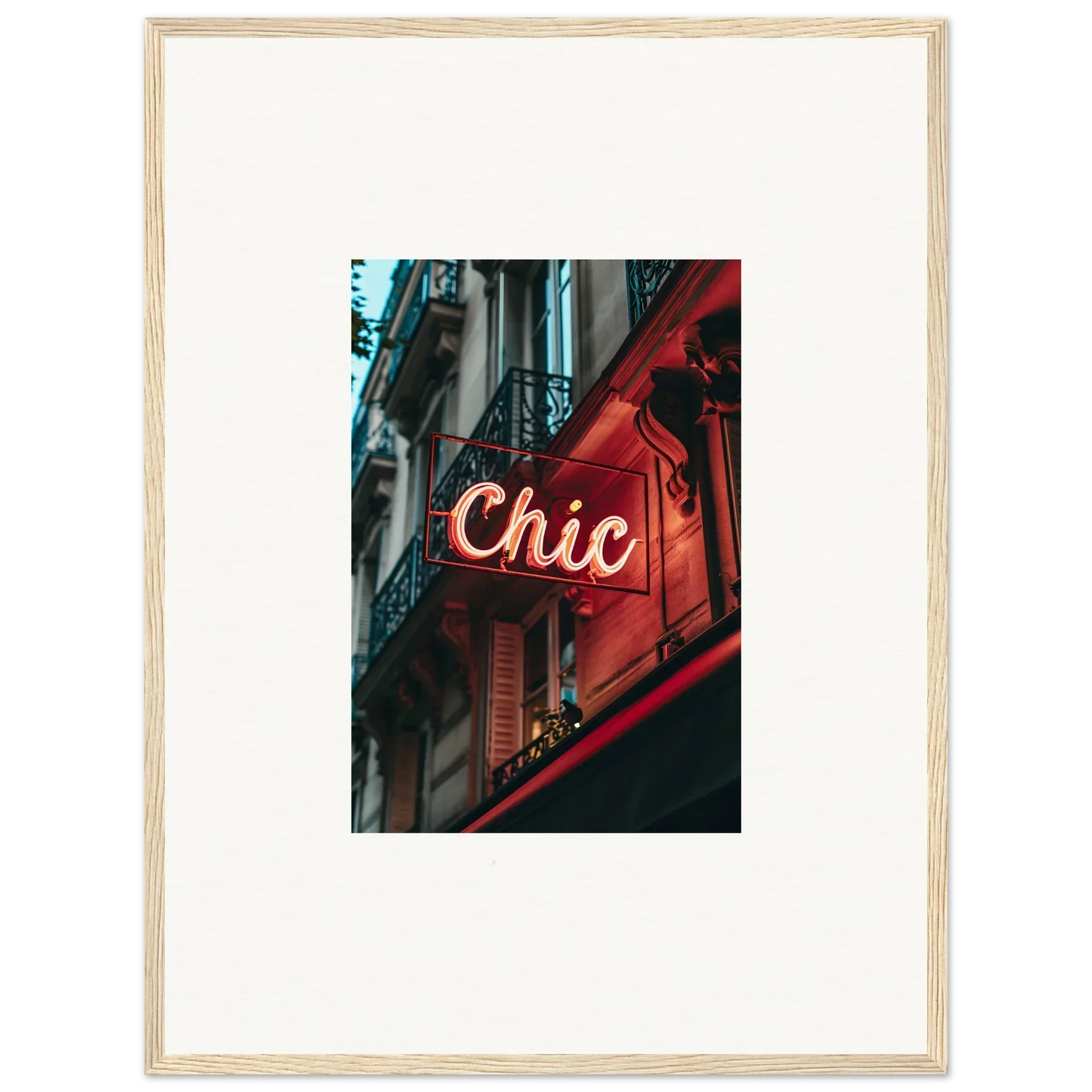 Chic neon sign on building facade, perfect for Parisian reverie room decor or framed wall art