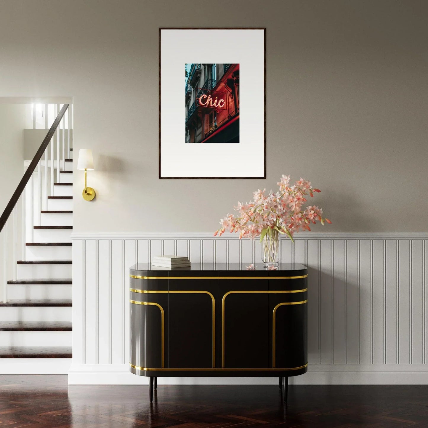 Elegant black and gold console table for Parisian Reverie room decor with artistic design