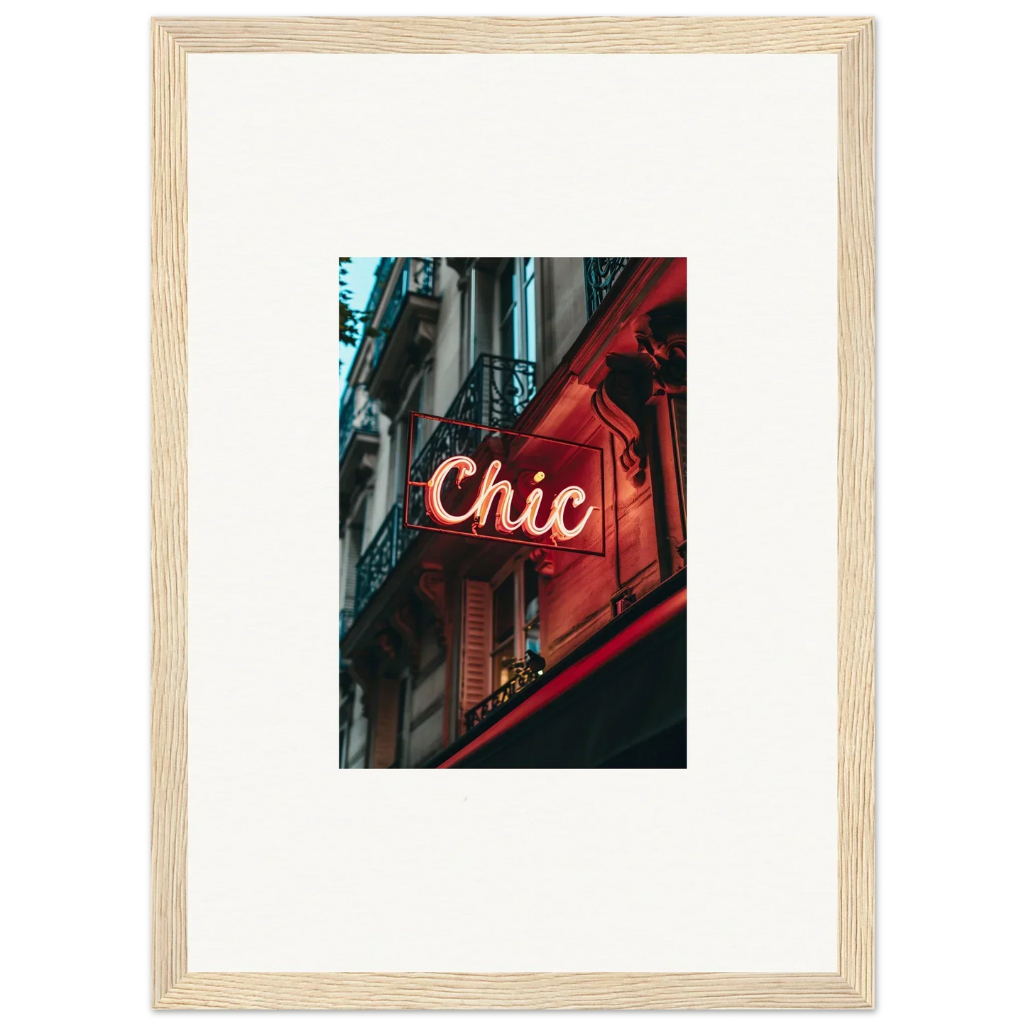 Framed wall art of a neon Chic sign, perfect for Parisian reverie room decor