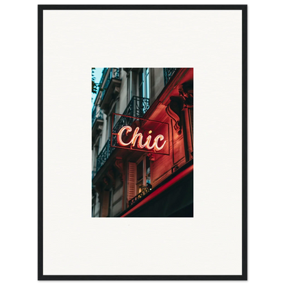 Illuminated neon sign ’Chic’ on building facade for Parisian Reverie room decor