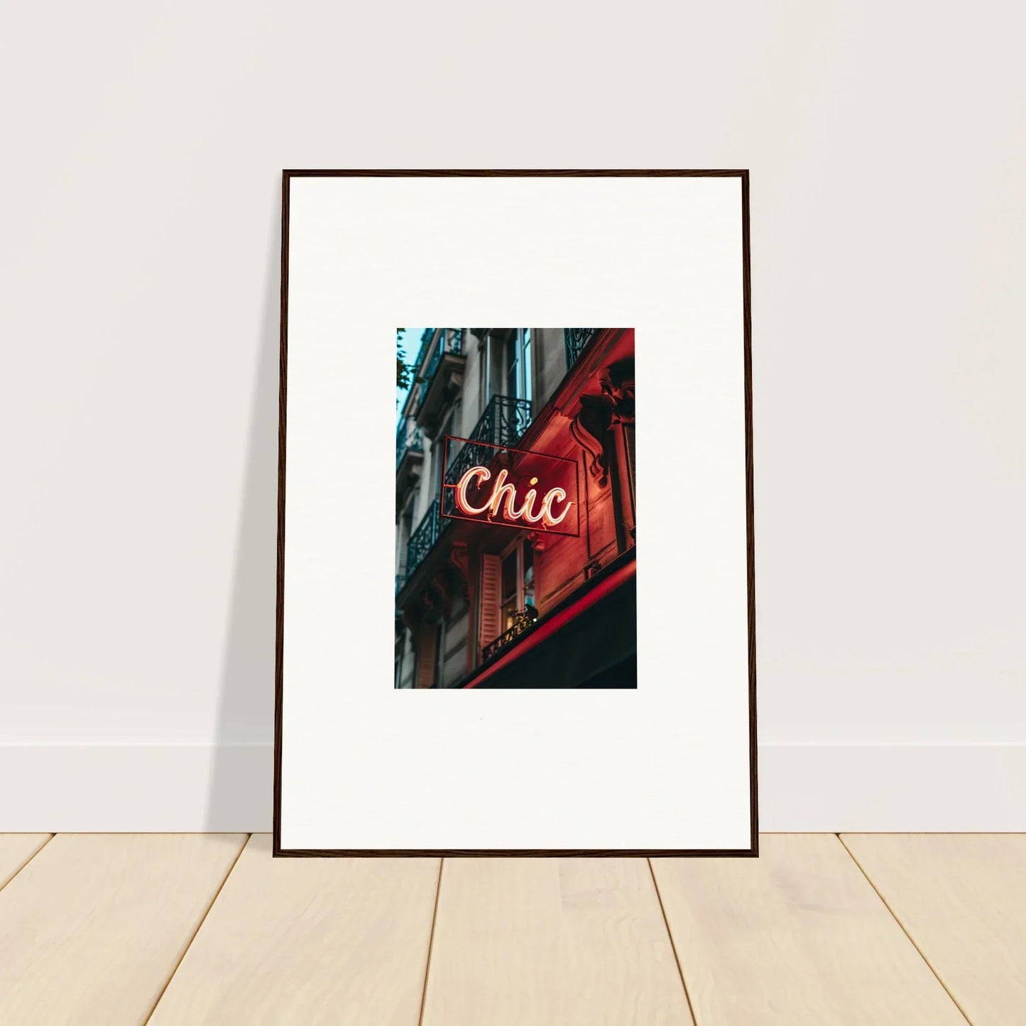 Framed wall art of a neon Chic sign, enhancing your Parisian Reverie room decor