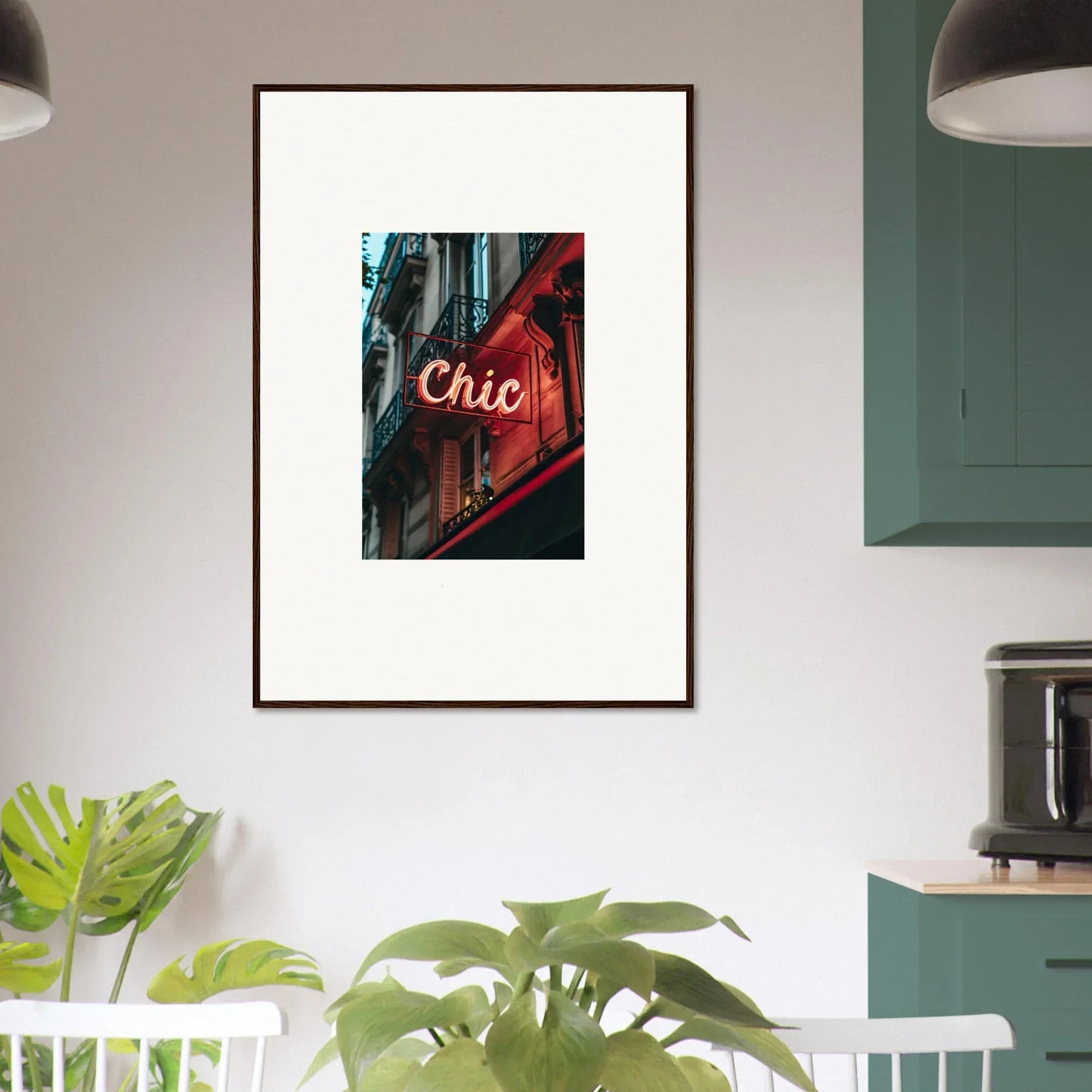 Framed wall art of a neon Chic sign capturing Parisian reverie for stylish room decor