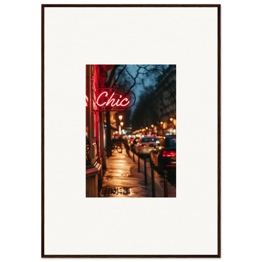 Framed wall art of a neon Chic sign on a nighttime city street for room decoration