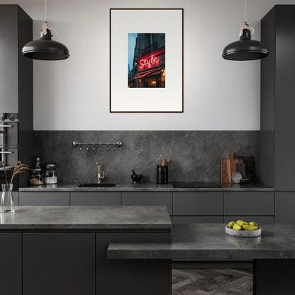 Modern kitchen featuring dark cabinetry, concrete countertops, and Urban Dreaming framed wall art