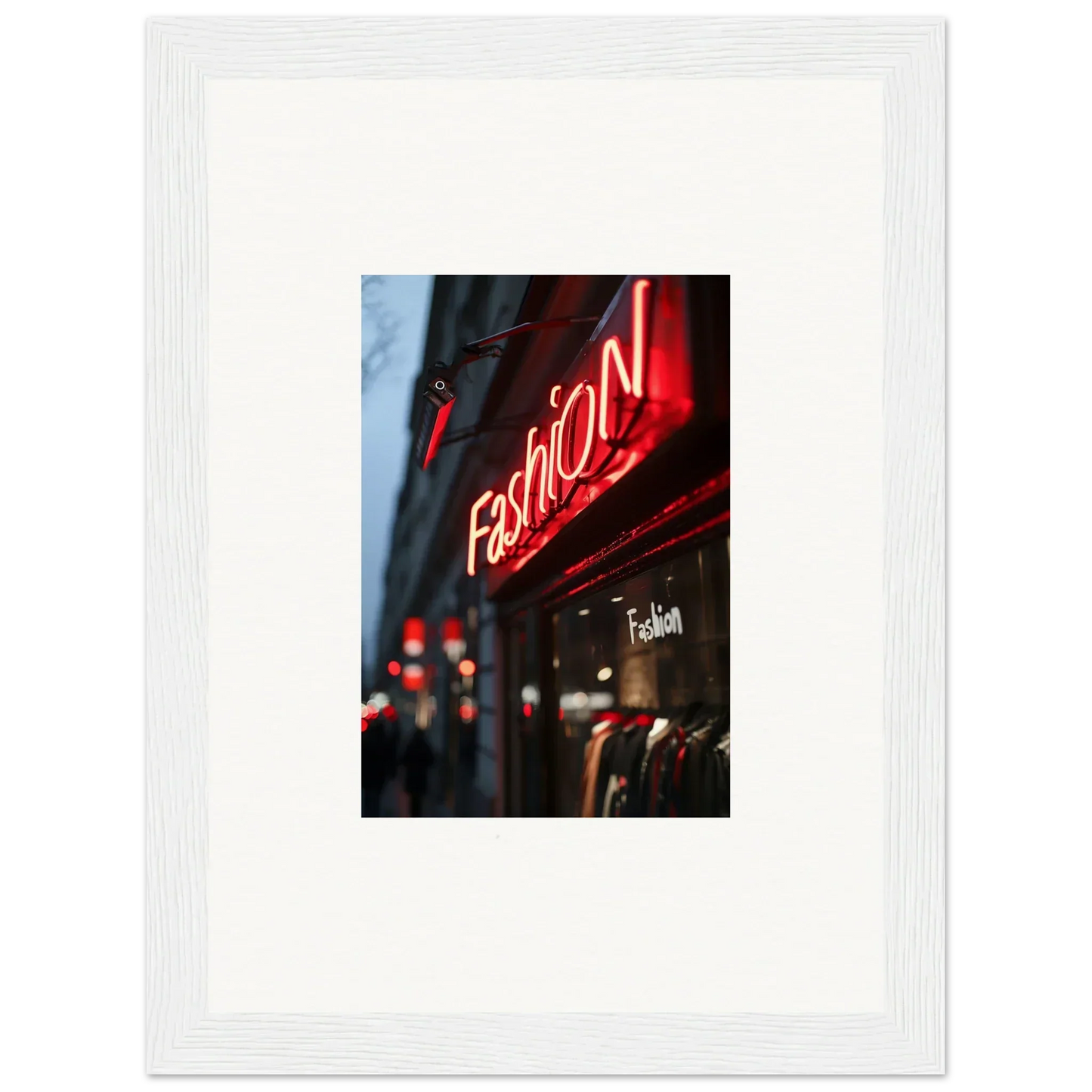 Neon red Fashion sign glowing on storefront, perfect for urban symphony room decoration